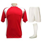 Uniforme Esportivo Completo modelo Suécia 14+1 (14 camisas Vermelho/Branco + 14 calções Madrid Branco + 14 pares de meiões Branco + 1 conjunto de goleiro) + Brindes