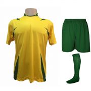 Uniforme Esportivo Completo modelo Palermo 14+1 (14 camisas Amarelo/Verde + 14 calções Madrid Verde + 14 pares de meiões Verdes + 1 conjunto de goleiro) + Brindes