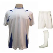 Uniforme Esportivo Completo modelo Palermo 14+1 (14 camisas Branco/Royal + 14 calções Madrid Branco + 14 pares de meiões Brancos + 1 conjunto de goleiro) + Brindes