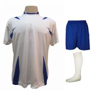 Uniforme Esportivo Completo modelo Palermo 14+1 (14 camisas Branco/Royal + 14 calções Madrid Royal + 14 pares de meiões Branco + 1 conjunto de goleiro) + Brindes