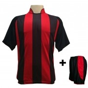 Uniforme Esportivo com 20 camisas modelo Milan Preto/Vermelho + 20 calções modelo Copa Preto/Vermelho + Brindes