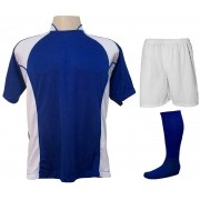 Uniforme Esportivo Completo modelo Suécia 14+1 (14 camisas Royal/Branco + 14 calções Madrid Branco + 14 pares de meiões Royal + 1 conjunto de goleiro) + Brindes