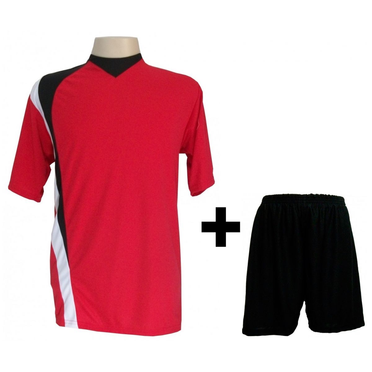 Uniforme Esportivo com 14 camisas modelo PSG Vermelho/Preto/Branco + 14 calções modelo Madrid Preto + Brindes