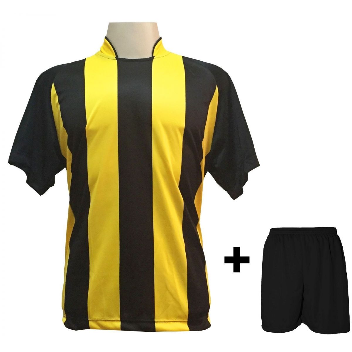 Uniforme Esportivo com 18 camisas modelo Milan Preto/Amarelo + 18 calções modelo Madrid Preto + Brindes