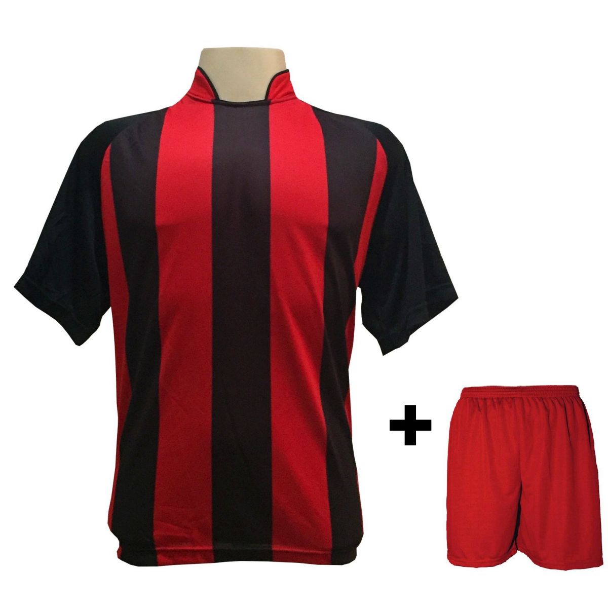 Uniforme Esportivo com 12 camisas modelo Milan Preto/Vermelho + 12 calções modelo Madrid + 1 Goleiro + Brindes