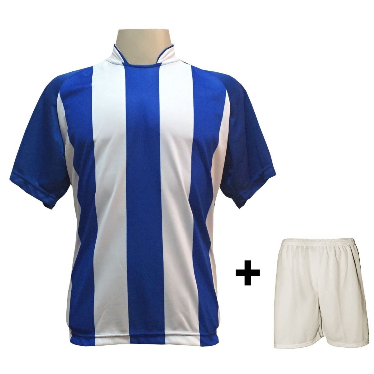 Uniforme Esportivo com 12 camisas modelo Milan Royal/Branco + 12 calções modelo Madrid + 1 Goleiro + Brindes