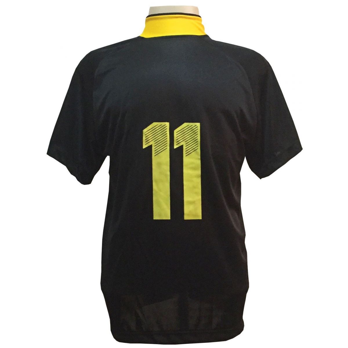 Uniforme Esportivo com 12 camisas modelo Milan Preto/Amarelo + 12 calções modelo Madrid + 1 Goleiro + Brindes