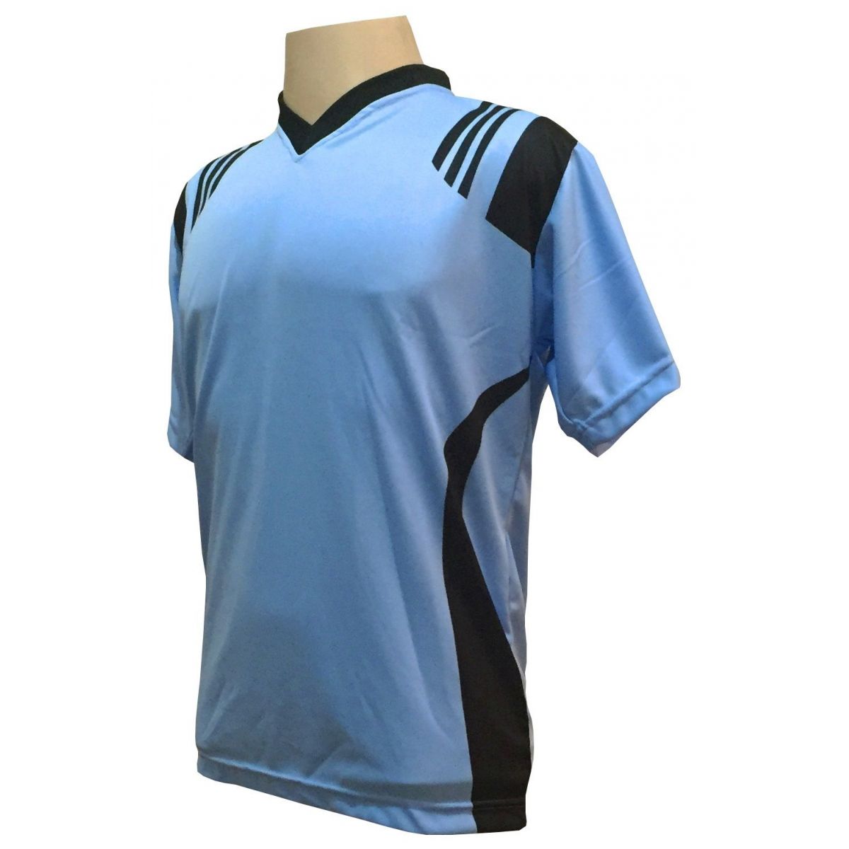Uniforme Esportivo com 12 camisas modelo Roma Celeste/Preto + 12 calções modelo Madrid + 1 Goleiro + Brindes