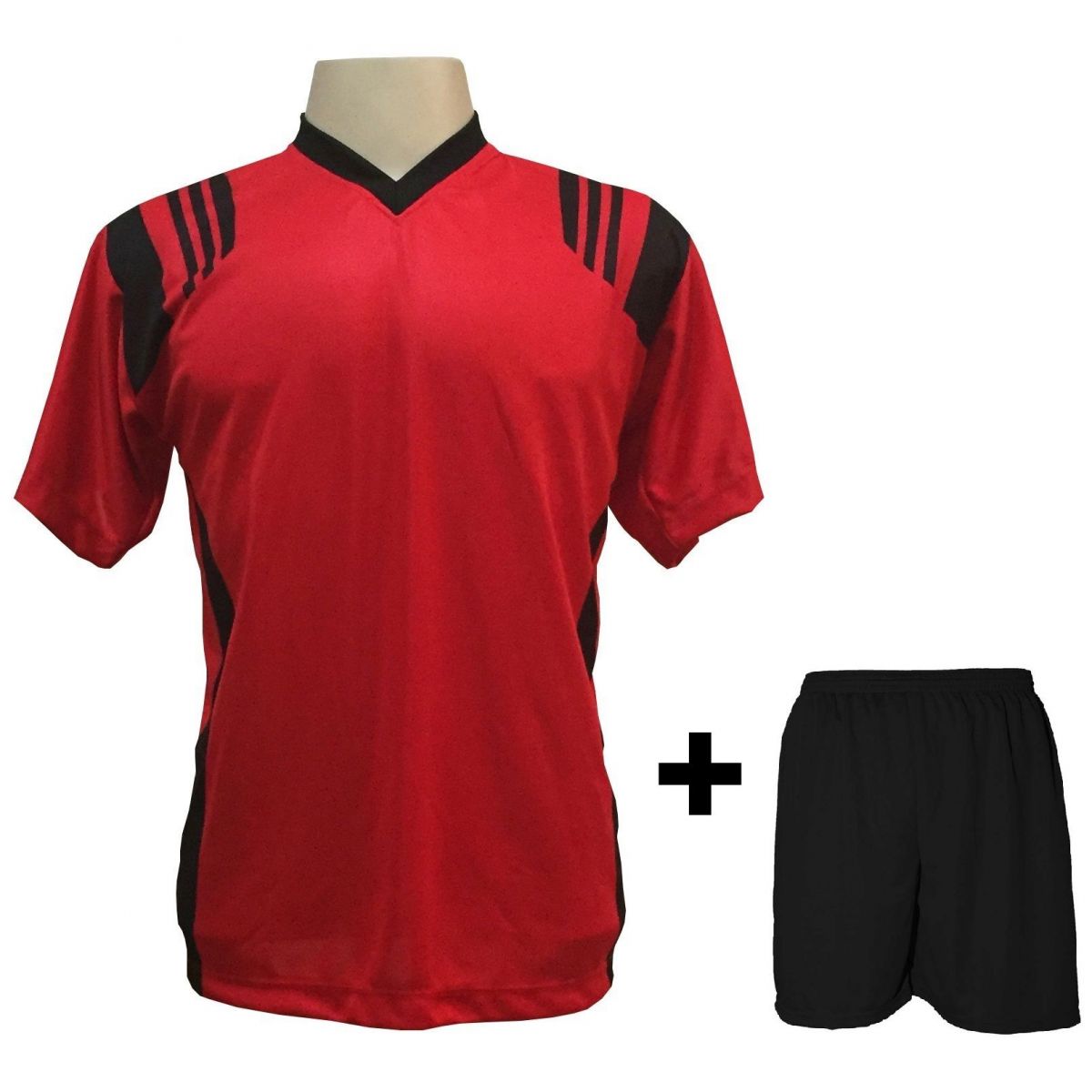 Uniforme Esportivo com 12 camisas modelo Roma Vermelho/Preto + 12 calções modelo Madrid + 1 Goleiro + Brindes