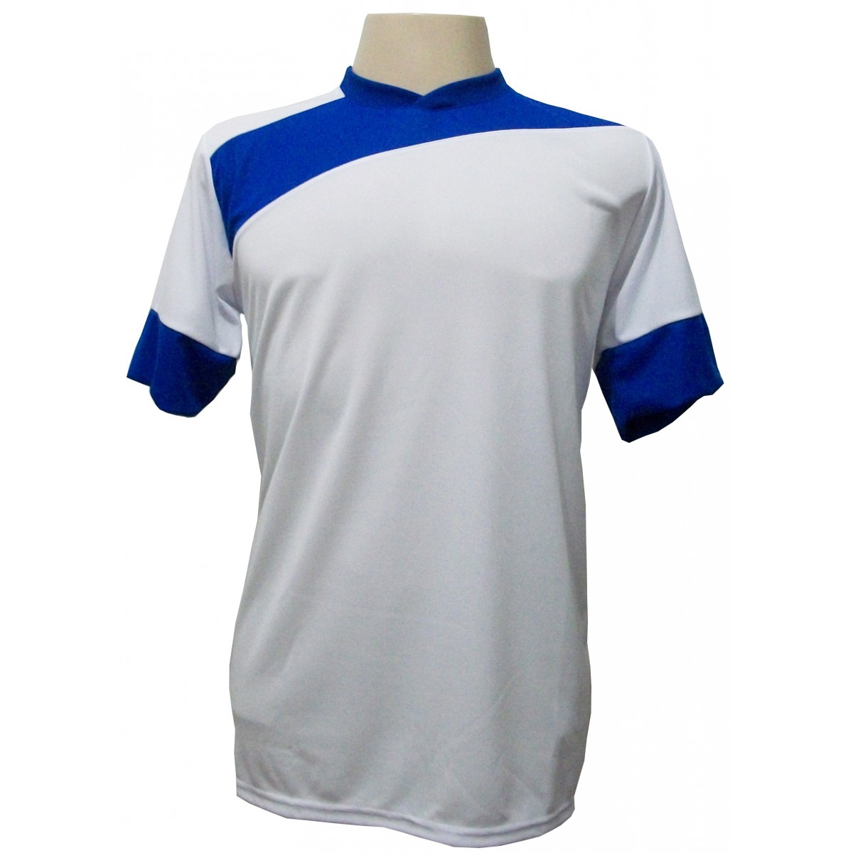 Uniforme Esportivo com 14 camisas modelo Sporting Branco/Royal + 14 calções modelo Madrid + 1 Goleiro + Brindes