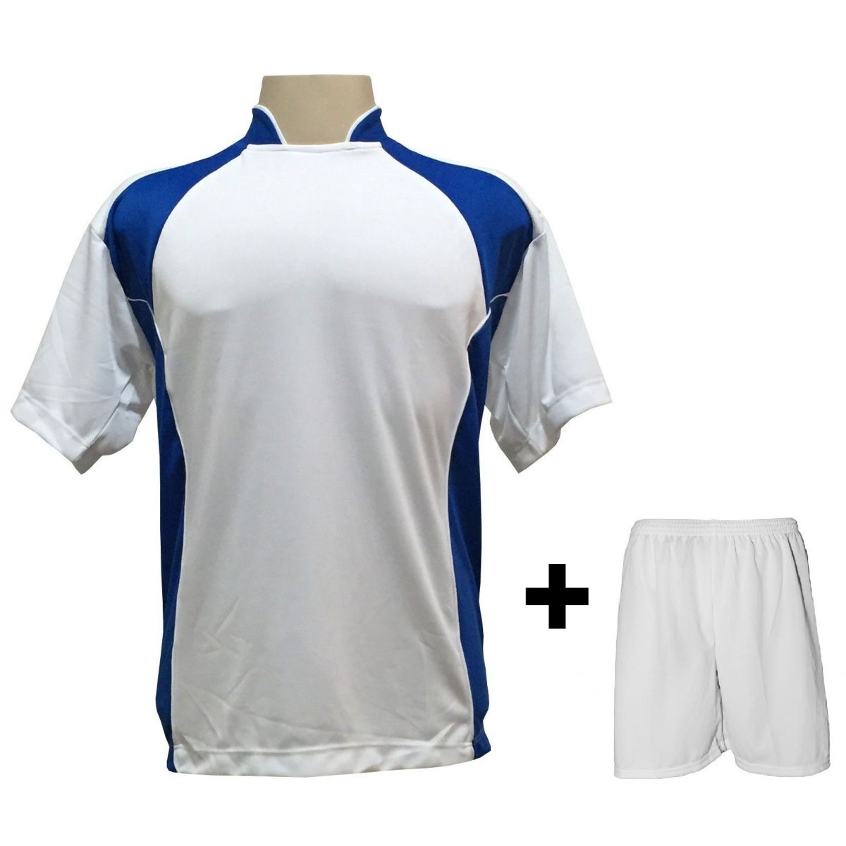 Uniforme Esportivo com 14 camisas modelo Suécia Branco/Royal + 14 calções modelo Madrid + 1 Goleiro + Brindes