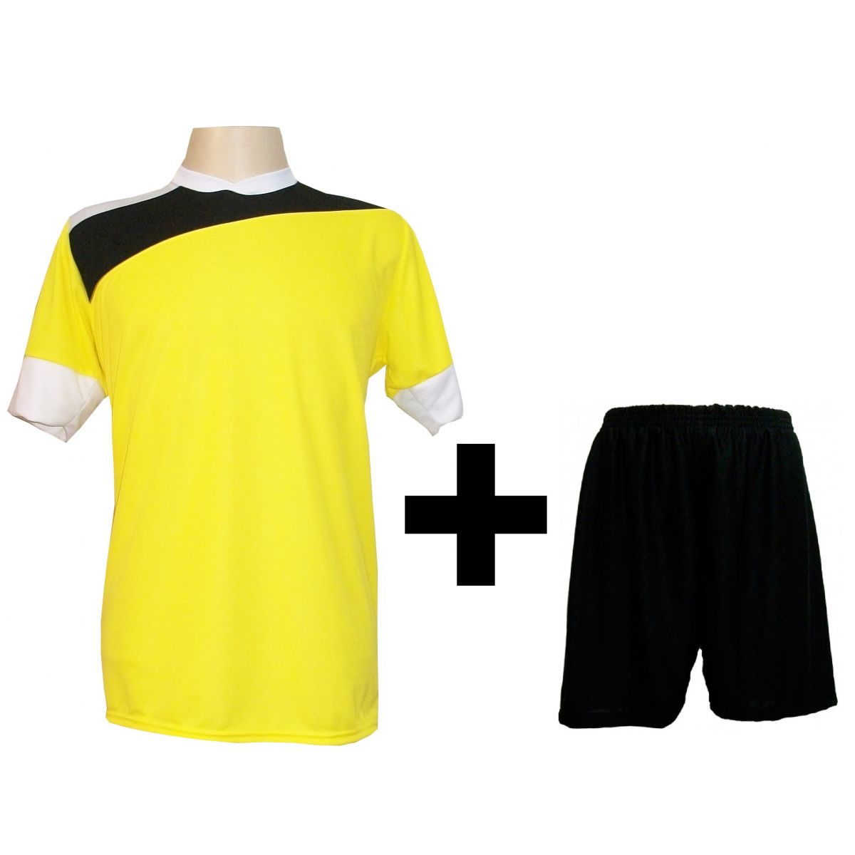 Uniforme Esportivo com 14 camisas modelo Sporting Amarelo/Preto/Branco + 14 calções modelo Madrid + 1 Goleiro + Brindes