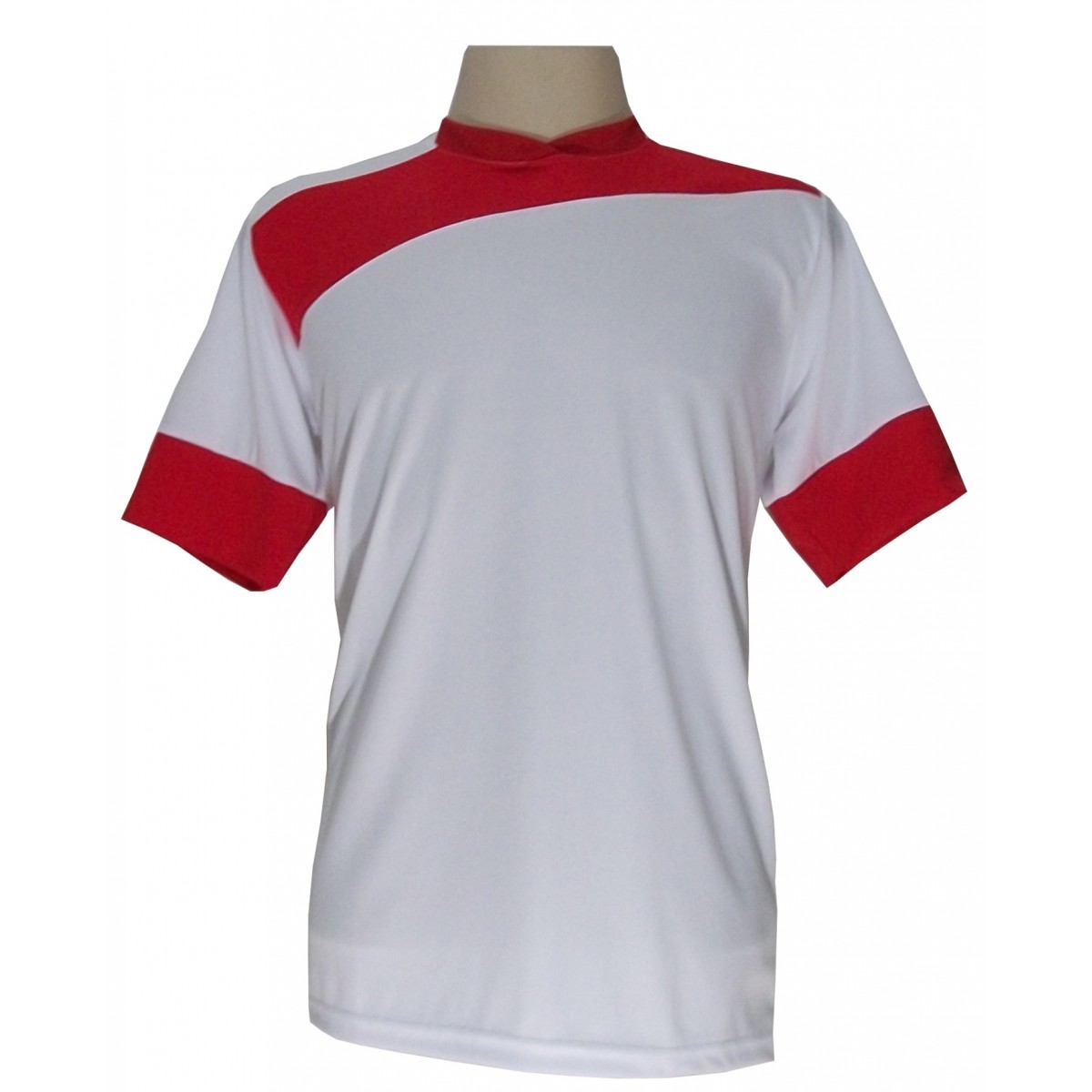 Uniforme Esportivo com 14 camisas modelo Sporting Branco/Vermelho + 14 calções modelo Madrid + 1 Goleiro + Brindes
