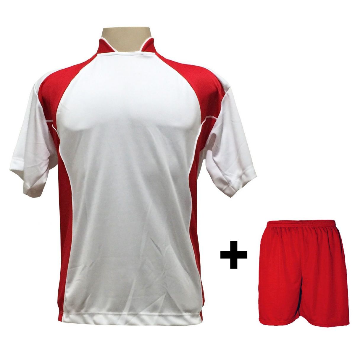 Uniforme Esportivo com 14 camisas modelo Suécia Branco/Vermelho + 14 calções modelo Madrid + 1 Goleiro + Brindes