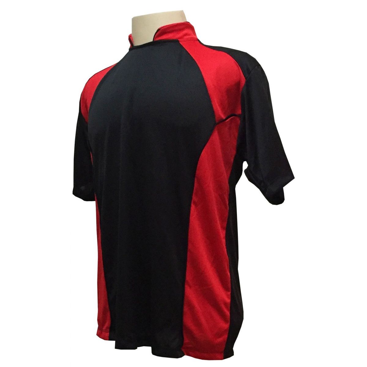 Uniforme Esportivo com 14 camisas modelo Suécia Preto/Vermelho + 14 calções modelo Madrid + 1 Goleiro + Brindes
