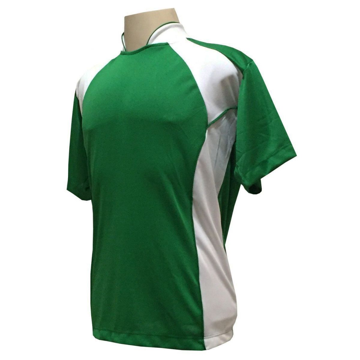 Uniforme Esportivo com 14 camisas modelo Suécia Verde/Branco + 14 calções modelo Madrid + 1 Goleiro + Brindes