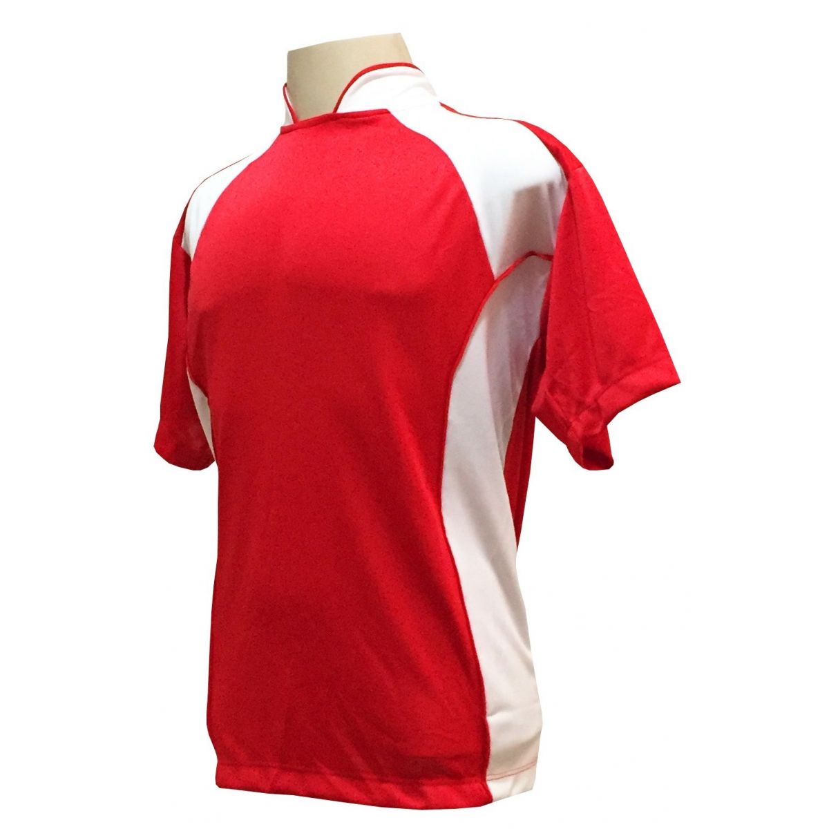 Uniforme Esportivo com 14 camisas modelo Suécia Vermelho/Branco + 14 calções modelo Madrid Branco + Brindes