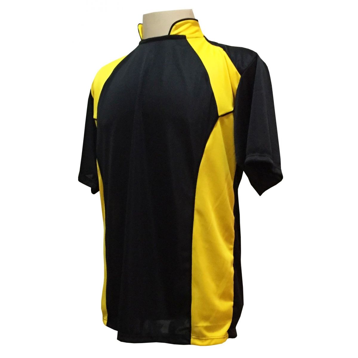 Uniforme Esportivo com 14 camisas modelo Suécia Preto/Amarelo + 14 calções modelo Copa Preto/Amarelo + Brindes