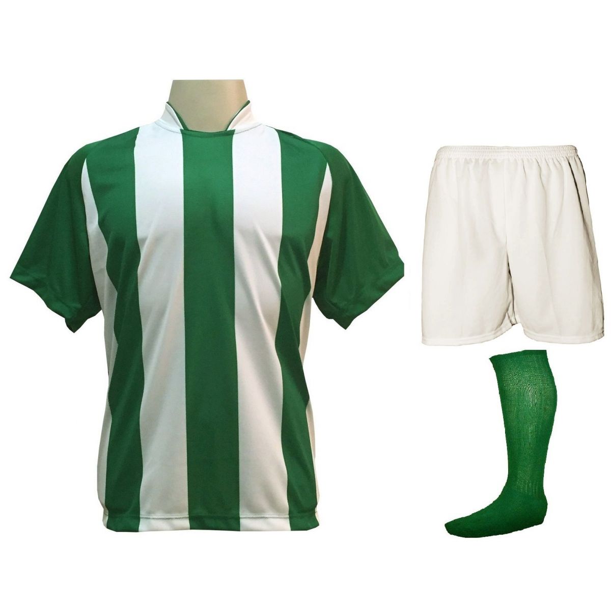 Fardamento Completo modelo Milan 18+2 (18 Camisas Verde/Branco + 18 Calções Madrid Branco + 18 Pares de Meiões Verdes + 2 Conjuntos de Goleiro) + Brindes