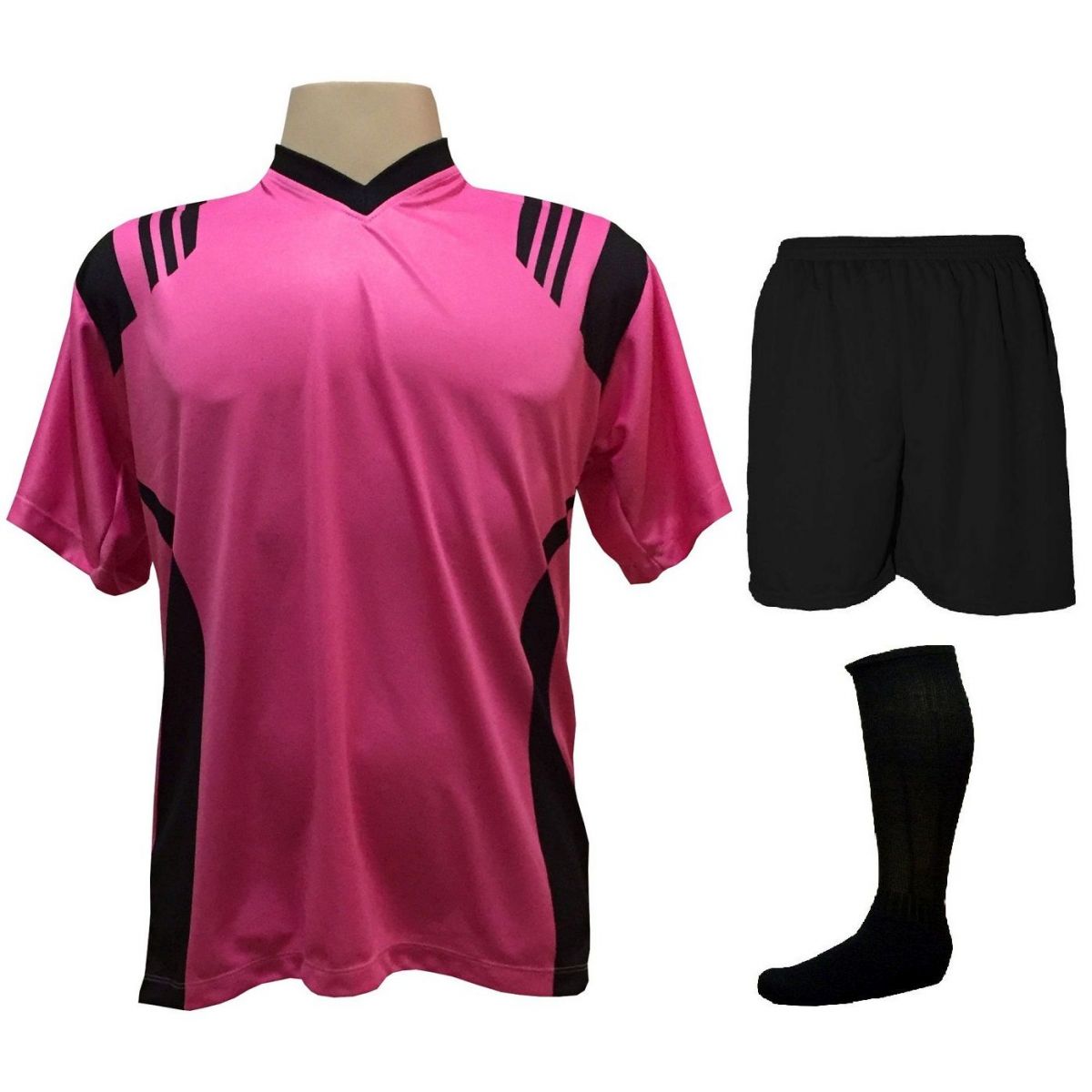 Uniforme Completo modelo Roma 18+2 (18 Camisas Pink/Preto + 18 Calções Madrid Preto + 18 Pares de Meiões Pretos + 2 Conjuntos de Goleiro) + Brindes