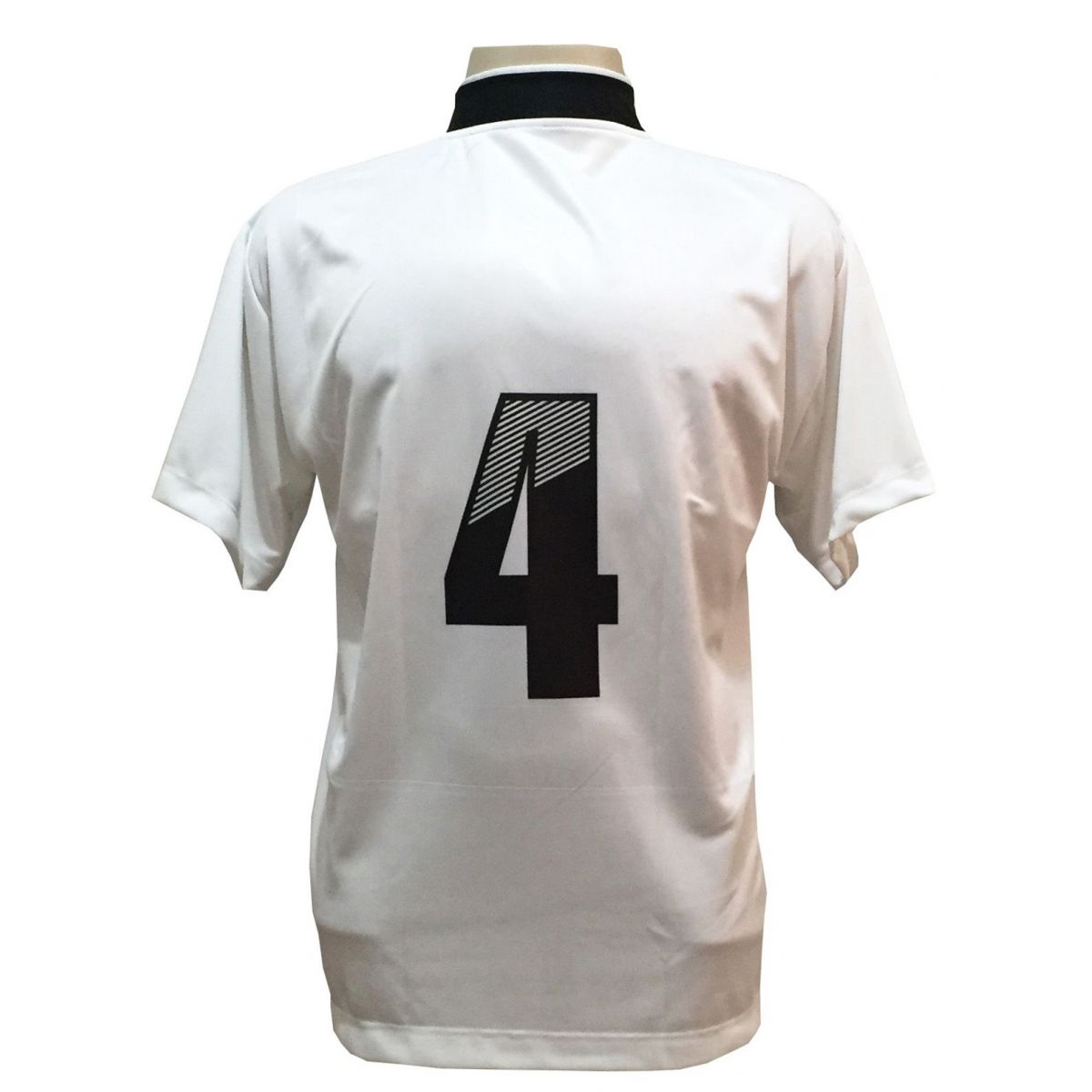 Uniforme Esportivo com 14 camisas modelo Suécia Branco/Preto + 14 calções modelo Madrid Branco + Brindes