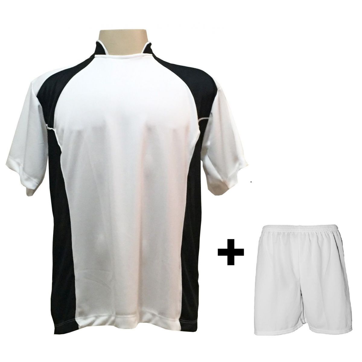 Uniforme Esportivo com 14 camisas modelo Suécia Branco/Preto + 14 calções modelo Madrid + 1 Goleiro + Brindes