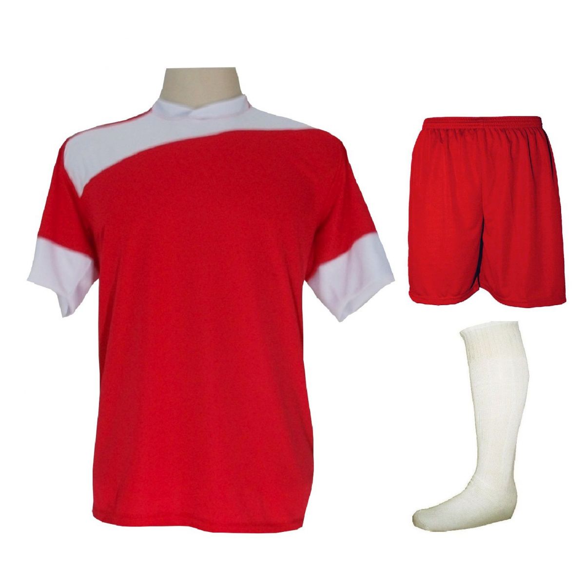 Uniforme Esportivo Completo modelo Sporting 14+1 (14 camisas Vermelho/Branco + 14 calções Madrid Vermelho + 14 pares de meiões Branco + 1 conjunto de goleiro) + Brindes