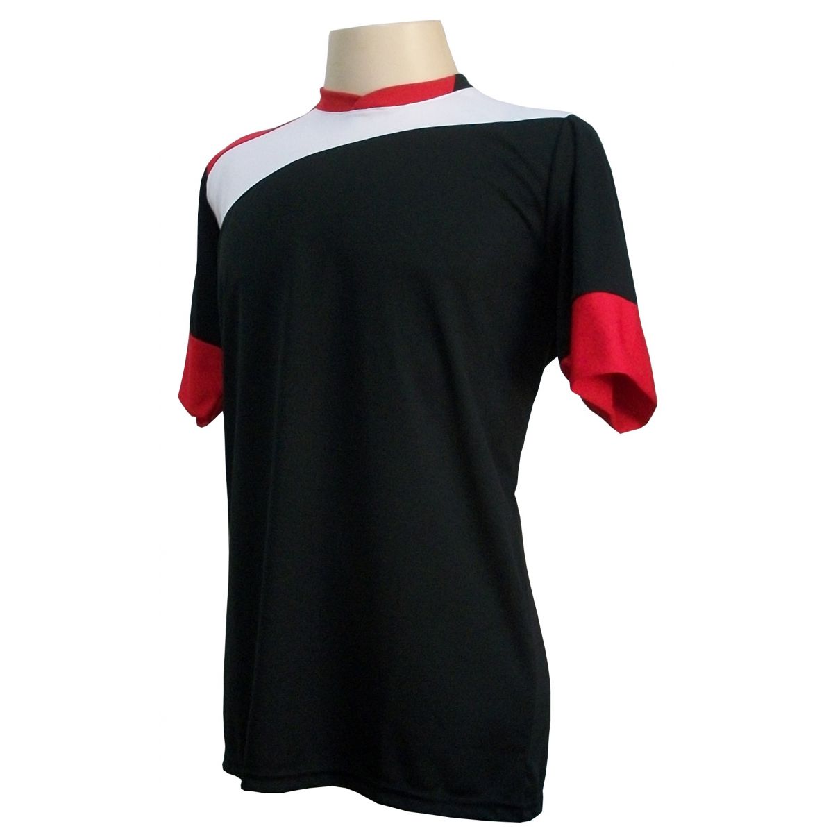 Uniforme Esportivo com 14 camisas modelo Sporting Preto/Branco/Vermelho + 14 calções modelo Copa Vermelho/Branco + Brindes