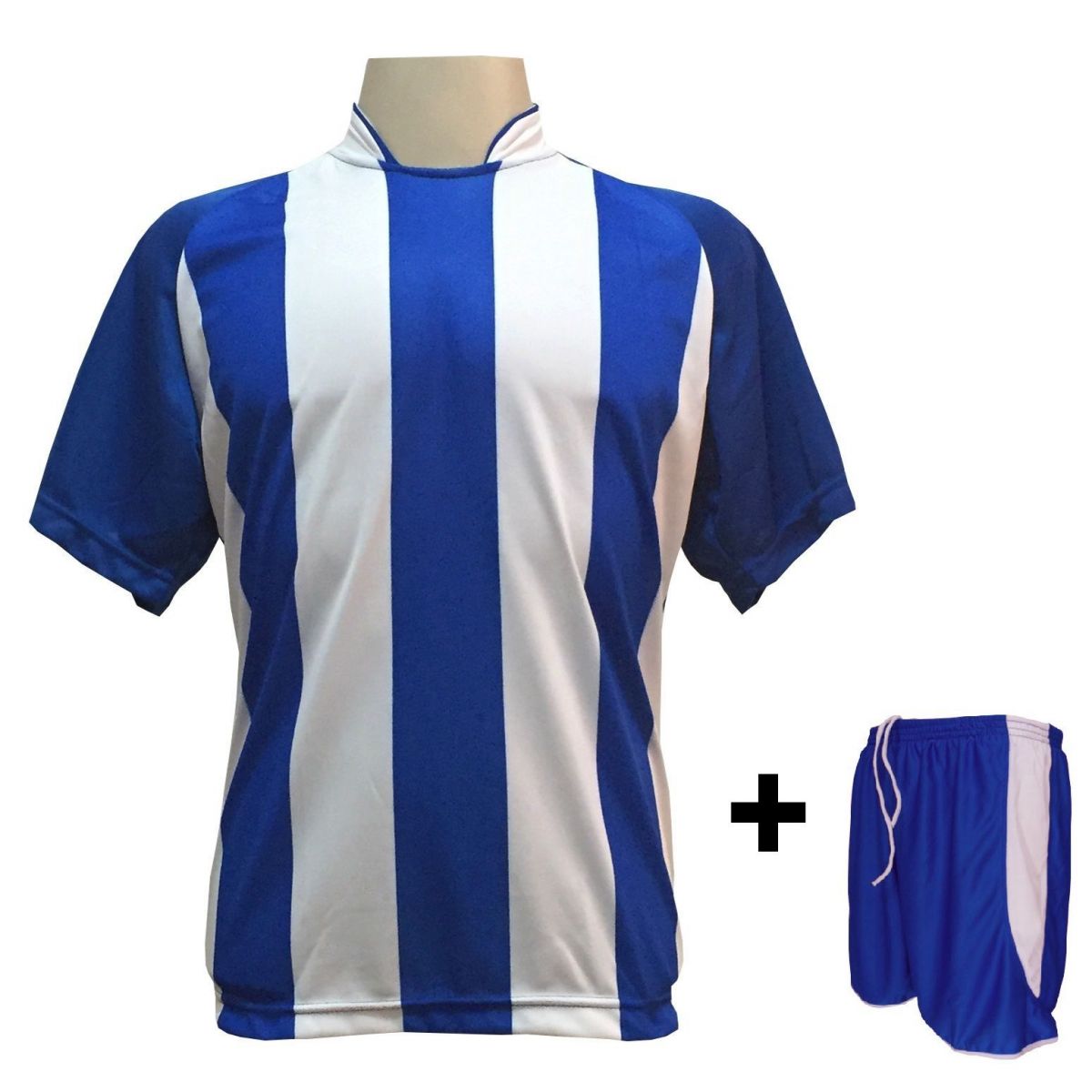 Uniforme Esportivo com 18 camisas modelo Milan Royal/Branco + 18 calções modelo Copa + 1 Goleiro + Brindes