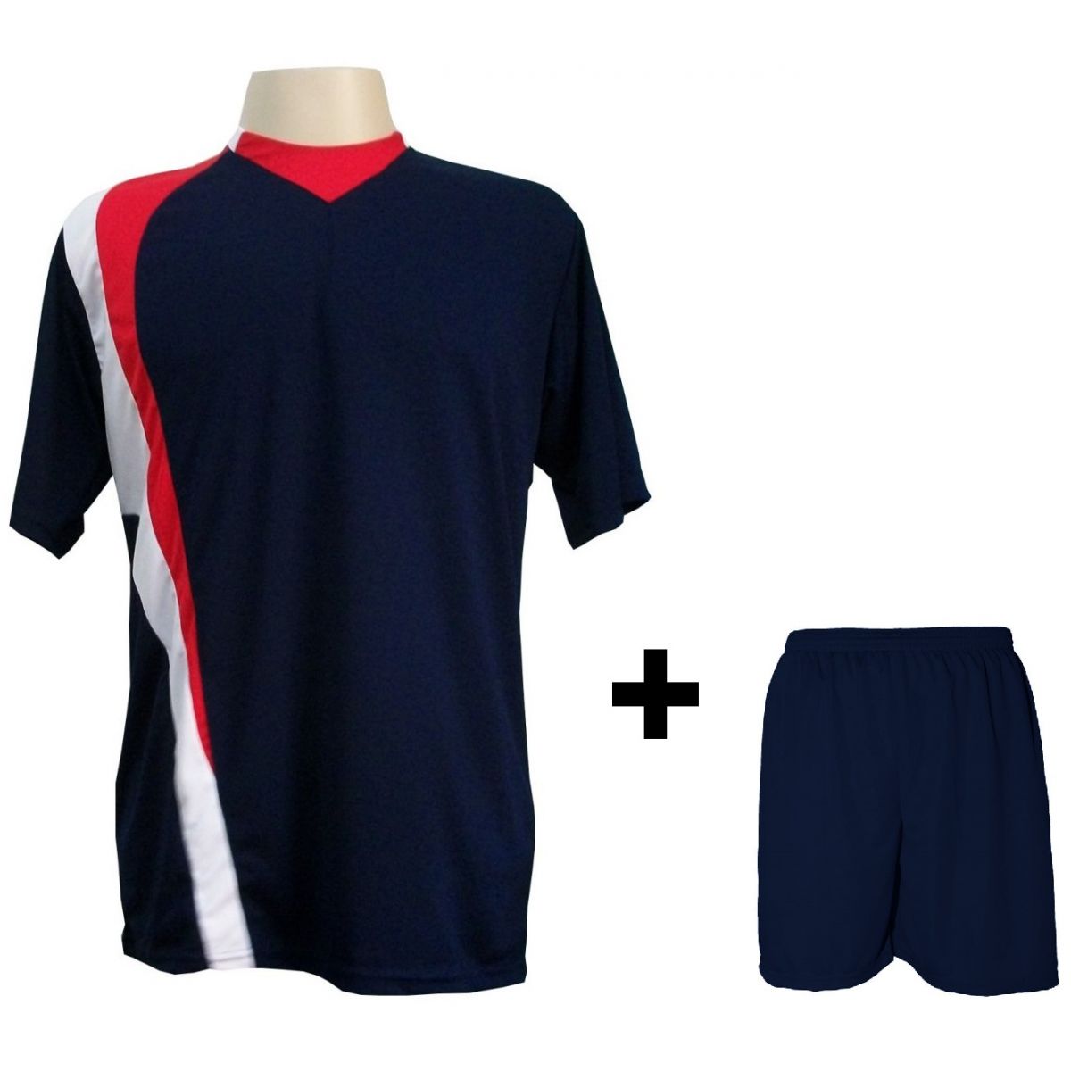 Uniforme Esportivo com 14 camisas modelo PSG Marinho/Vermelho/Branco + 14 calções modelo Madrid Marinho + Brindes