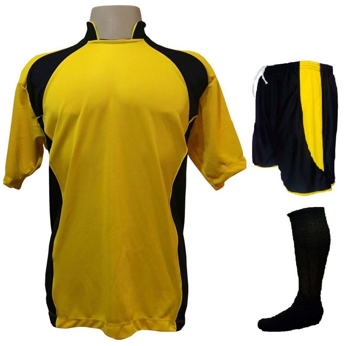 Uniforme Esportivo Completo Modelo Suécia 14+1 (14 Camisas Amarelo/Preto + 14 Calções Modelo Copa Preto/Amarelo + 14 Pares de Meiões Pretos + 1 Conjunto de Goleiro) + Brindes