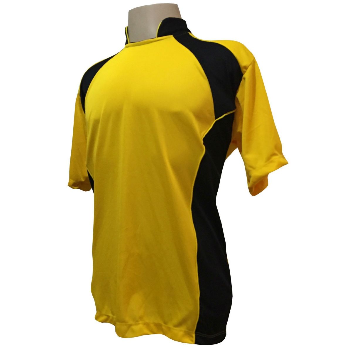 Uniforme Esportivo Completo Modelo Suécia 14+1 (14 Camisas Amarelo/Preto + 14 Calções Modelo Copa Preto/Amarelo + 14 Pares de Meiões Pretos + 1 Conjunto de Goleiro) + Brindes