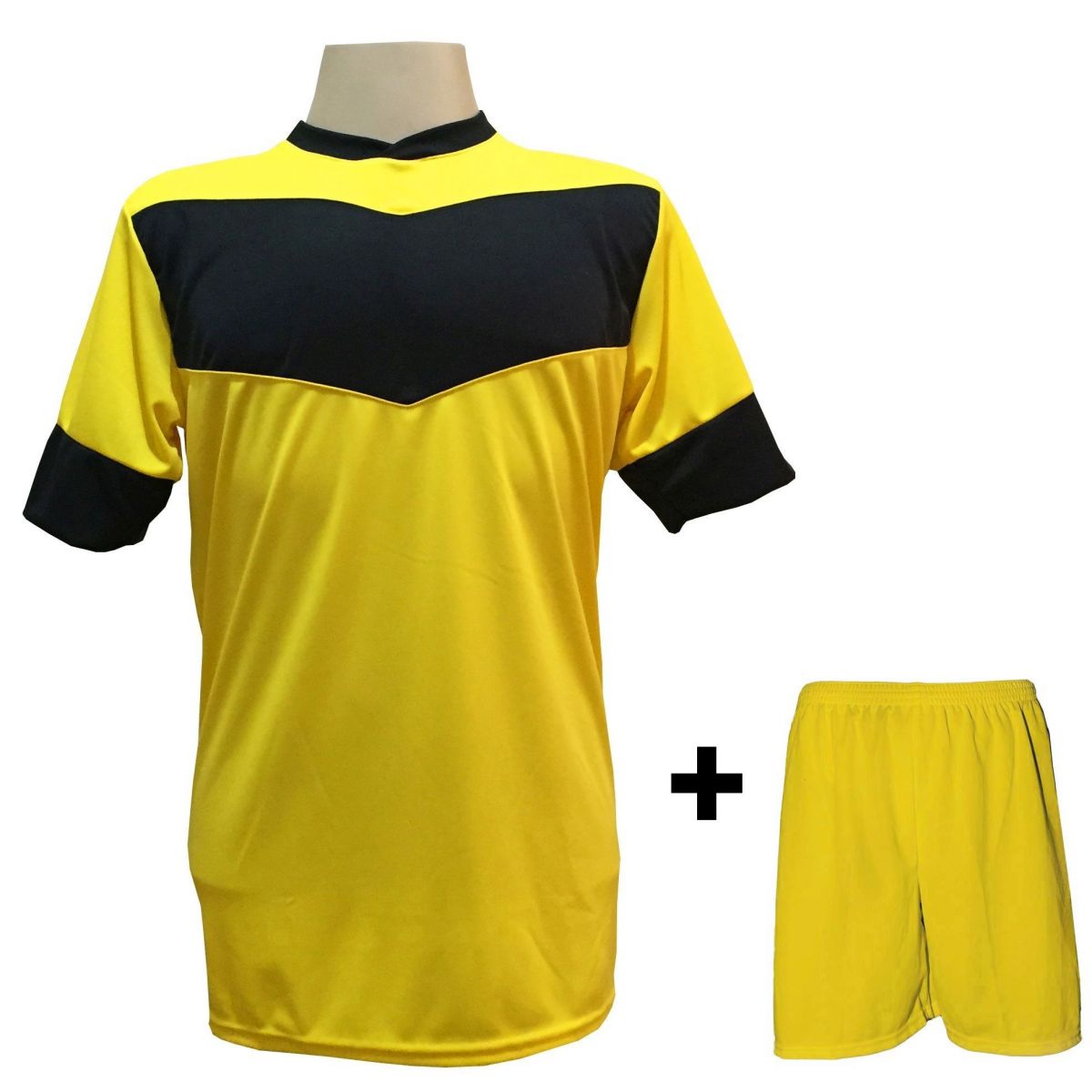 Uniforme Esportivo com 18 camisas modelo Columbus Amarelo/Preto + 18 calções modelo Madrid Amarelo + Brindes