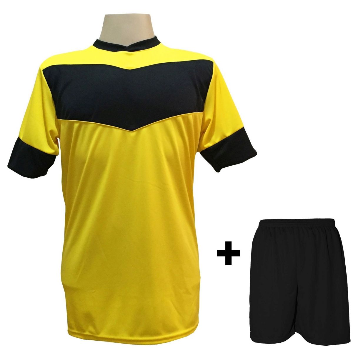 Uniforme Esportivo com 18 camisas modelo Columbus Amarelo/Preto + 18 calções modelo Madrid Preto + Brindes