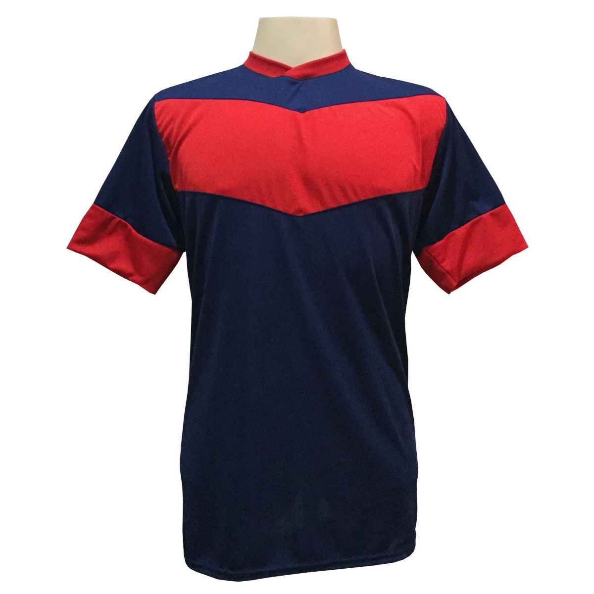 Uniforme Esportivo com 18 camisas modelo Columbus Marinho/Vermelho + 18 calções modelo Madrid Vermelho + Brindes
