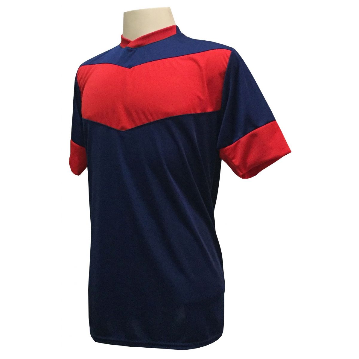 Uniforme Esportivo com 18 camisas modelo Columbus Marinho/Vermelho + 18 calções modelo Madrid Vermelho + Brindes