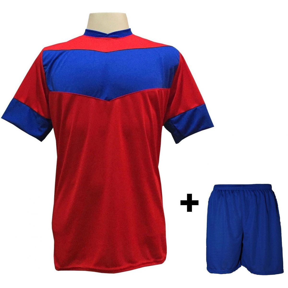 Uniforme Esportivo com 18 camisas modelo Columbus Vermelho/Royal + 18 calções modelo Madrid Royal + Brindes