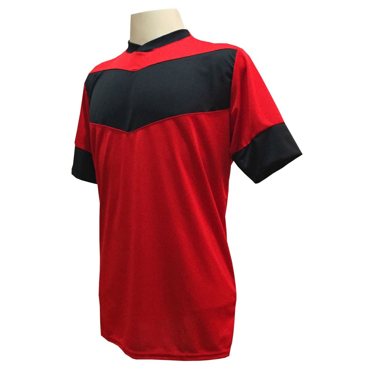 Uniforme Esportivo com 18 camisas modelo Columbus Vermelho/Preto + 18 calções modelo Madrid Preto + Brindes