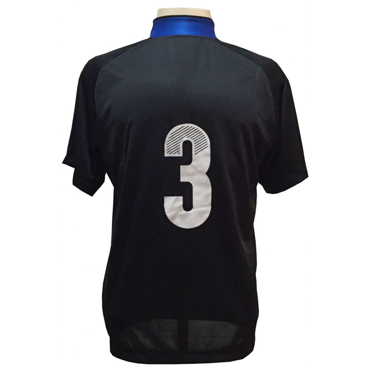 Uniforme Esportivo com 20 camisas modelo Milan Preto/Royal + 20 calções modelo Madrid Preto + Brindes