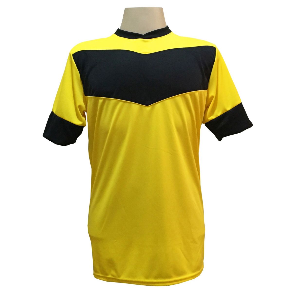 Uniforme Esportivo com 18 camisas modelo Columbus Amarelo/Preto + 18 calções modelo Madrid + 1 Goleiro + Brindes