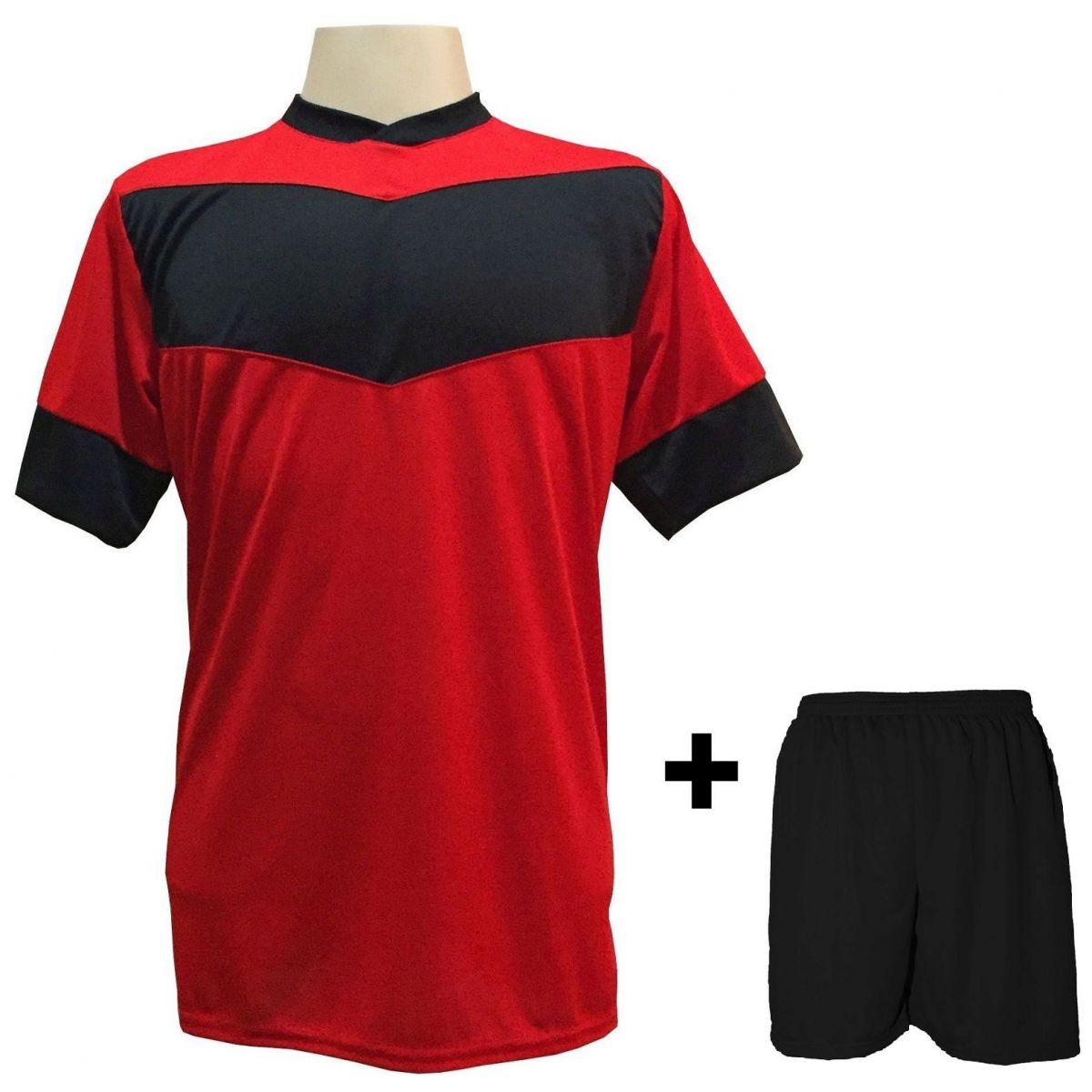 Uniforme Esportivo com 18 camisas modelo Columbus Vermelho/Preto + 18 calções modelo Madrid + 1 Goleiro + Brindes