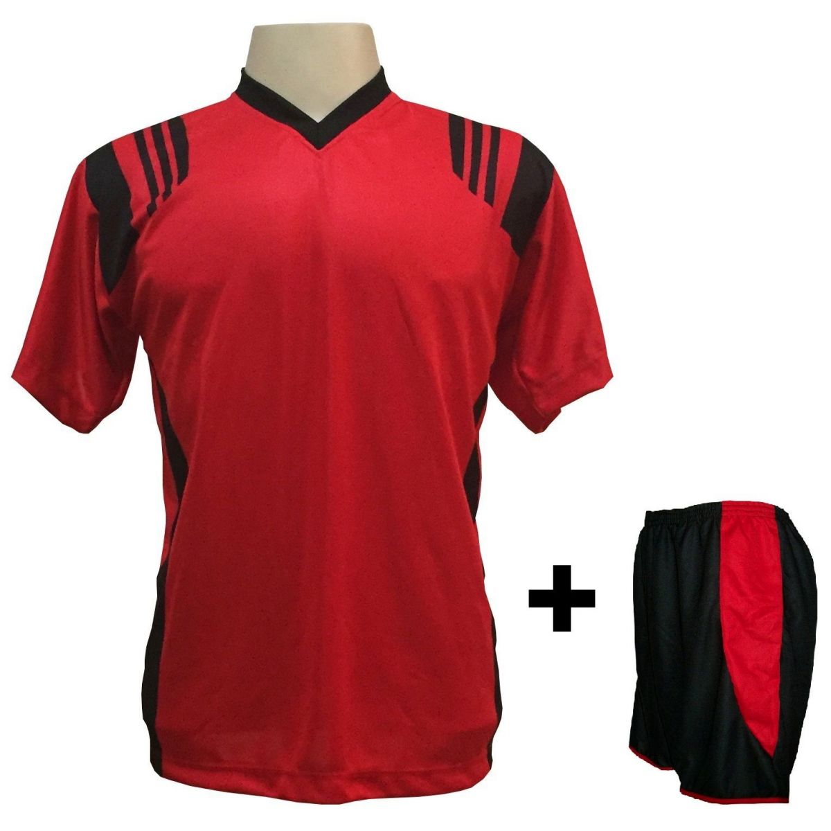 Uniforme Esportivo com 12 camisas modelo Roma Vermelho/Preto + 12 calções modelo Copa + 1 Goleiro + Brindes