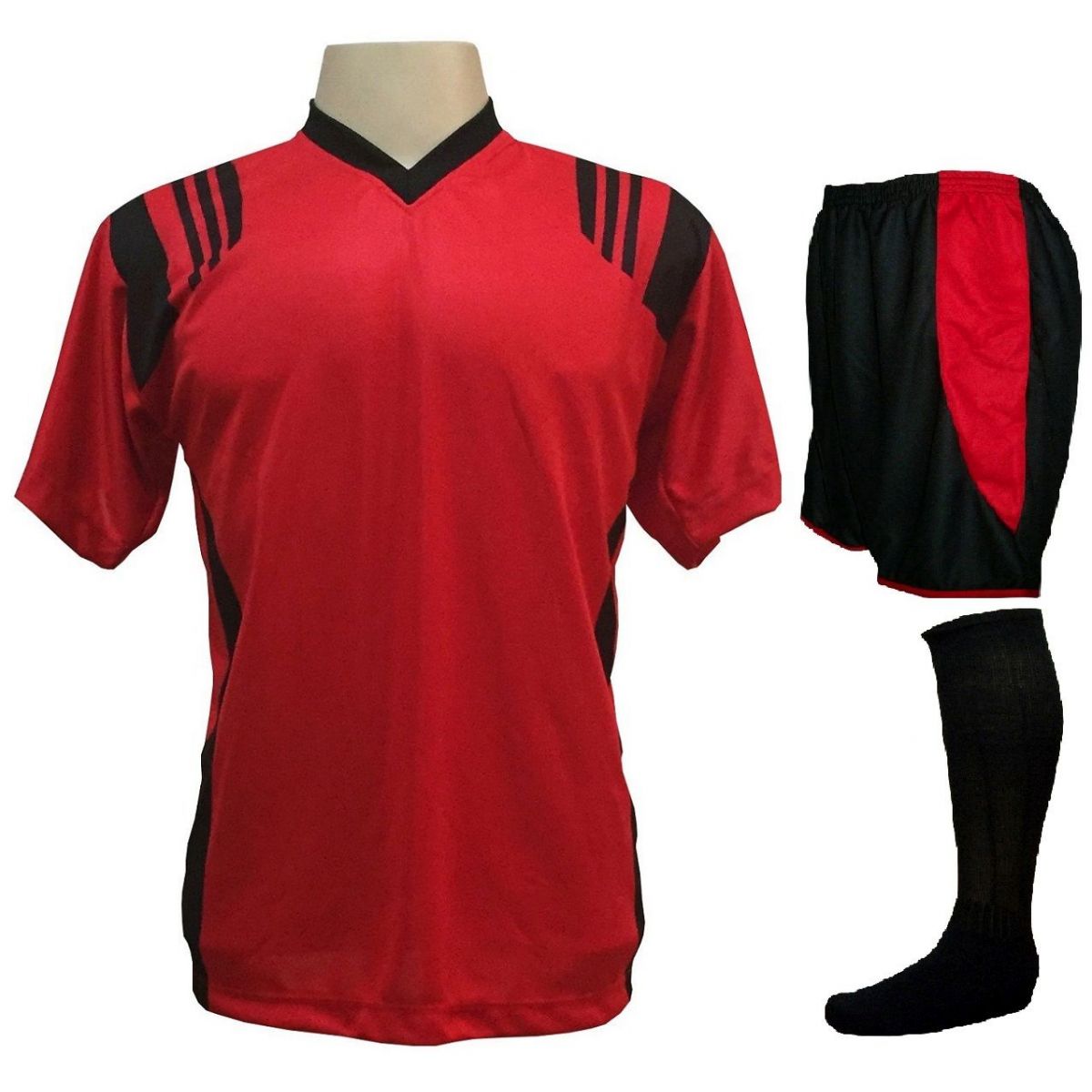 Uniforme Completo - Camisa modelo Roma Vermelho/Preto com Calção modelo Copa Preto/Vermelho 12+1 (12 camisas + 12 calções + 13 pares de meiões + 1 conjunto de goleiro) + Brindes
