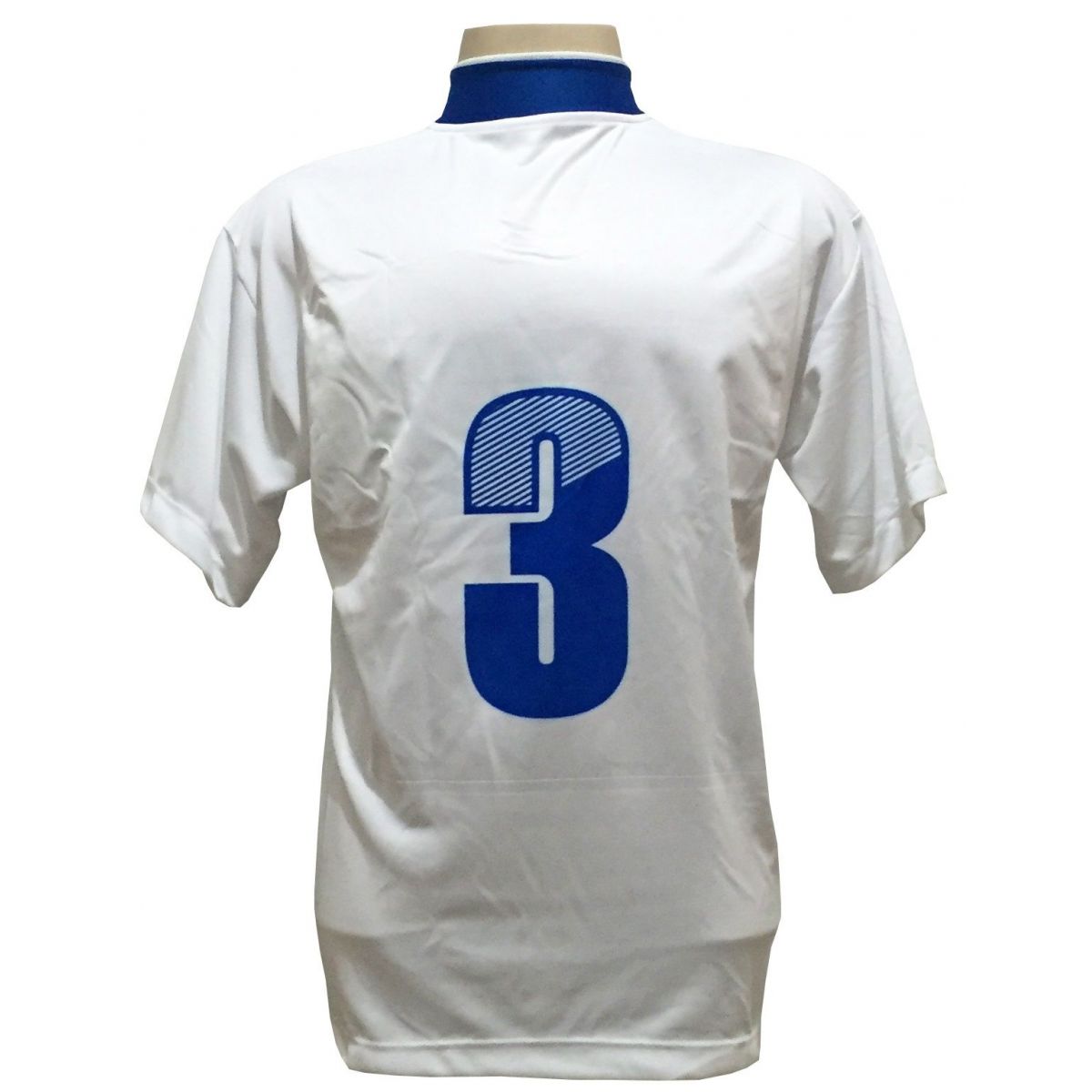 Uniforme Esportivo com 14 camisas modelo Suécia Branco/Royal + 14 calções modelo Copa Royal/Branco + Brindes