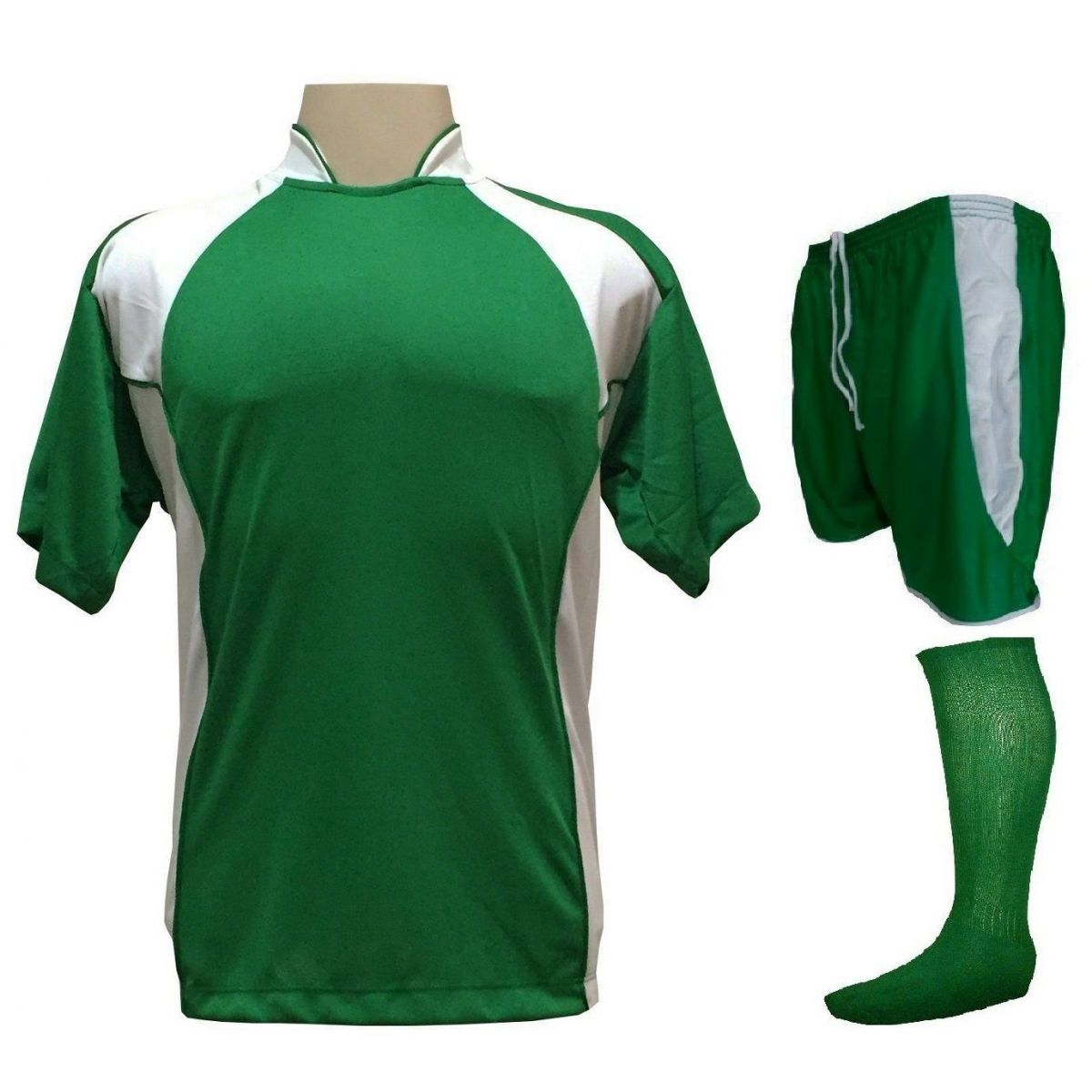 Uniforme Esportivo Completo modelo Suécia 14+1 (14 Camisas Verde/Branco + 14 Calções modelo Copa Verde/Branco + 14 Pares de Meiões Verdes + 1 Conjunto de Goleiro) + Brindes