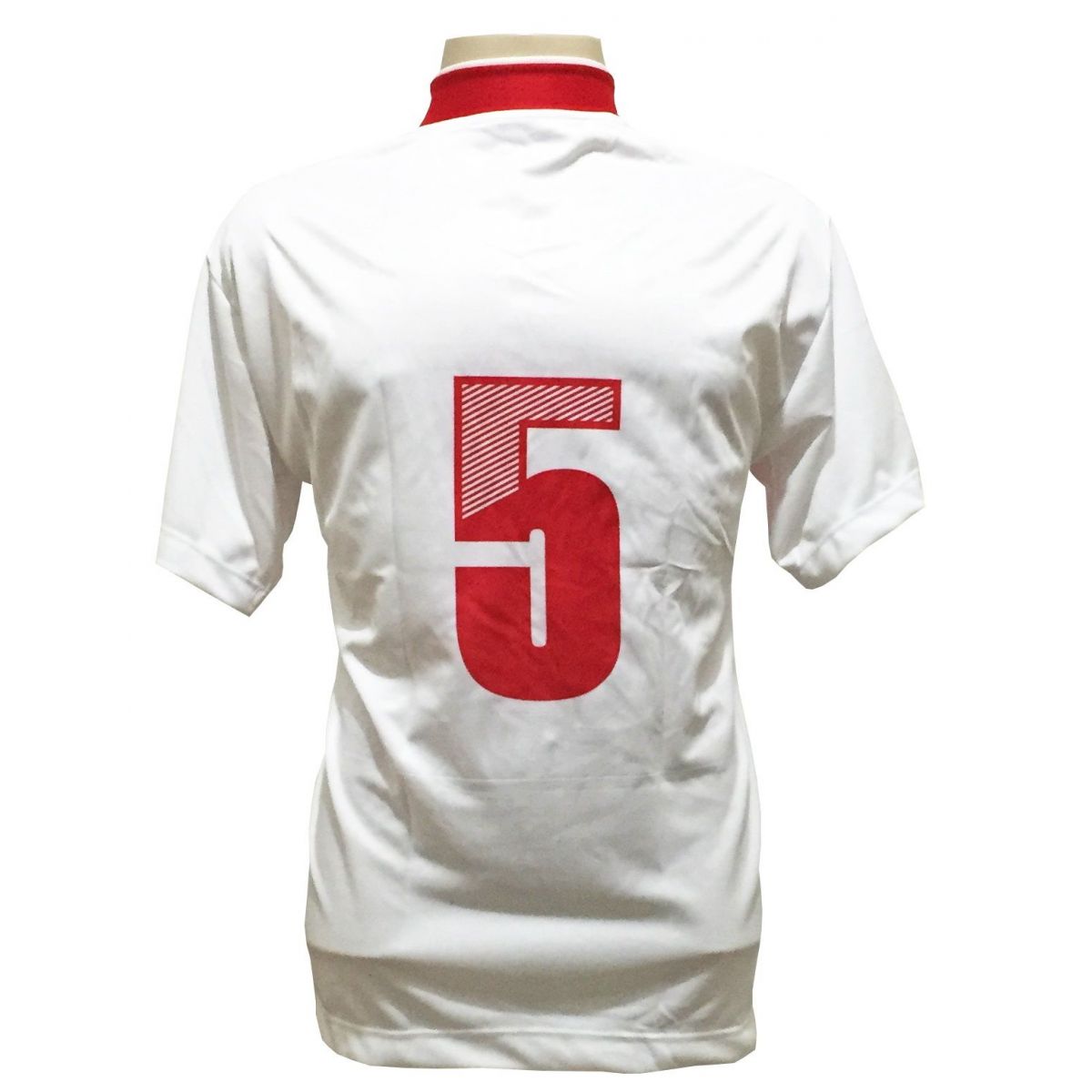Uniforme Esportivo com 14 camisas modelo Suécia Branco/Vermelho + 14 calções modelo Copa Vermelho/Branco + Brindes