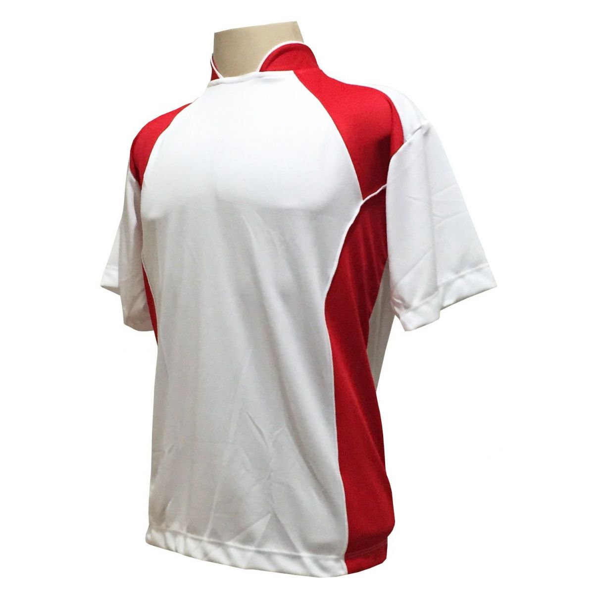 Uniforme Esportivo com 14 camisas modelo Suécia Branco/Vermelho + 14 calções modelo Copa + 1 Goleiro + Brindes