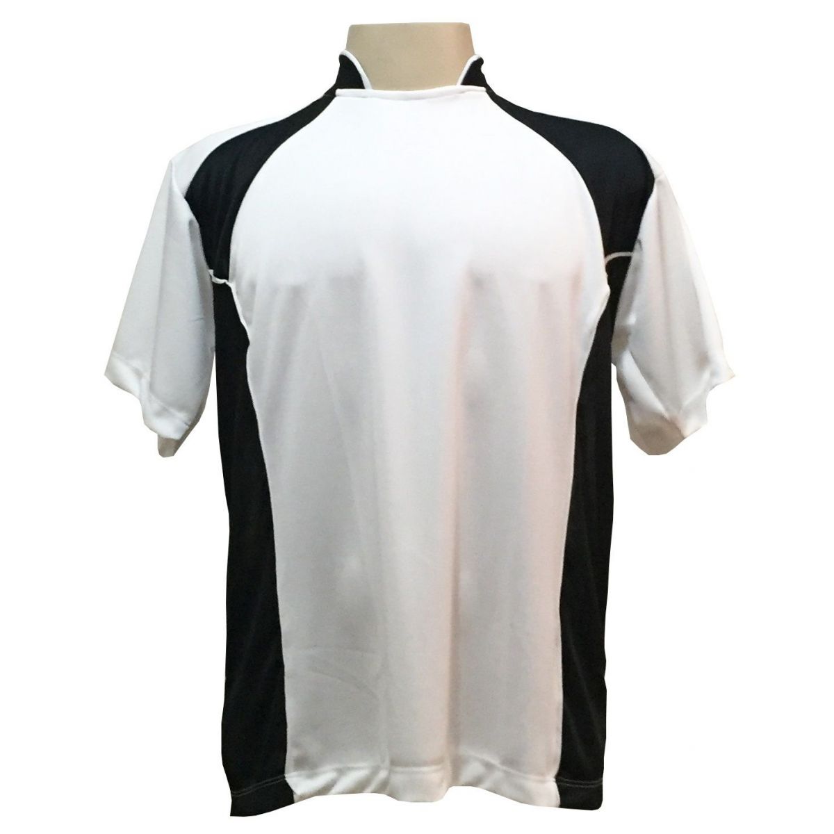 Uniforme Esportivo com 14 camisas modelo Suécia Branco/Preto + 14 calções modelo Copa + 1 Goleiro + Brindes