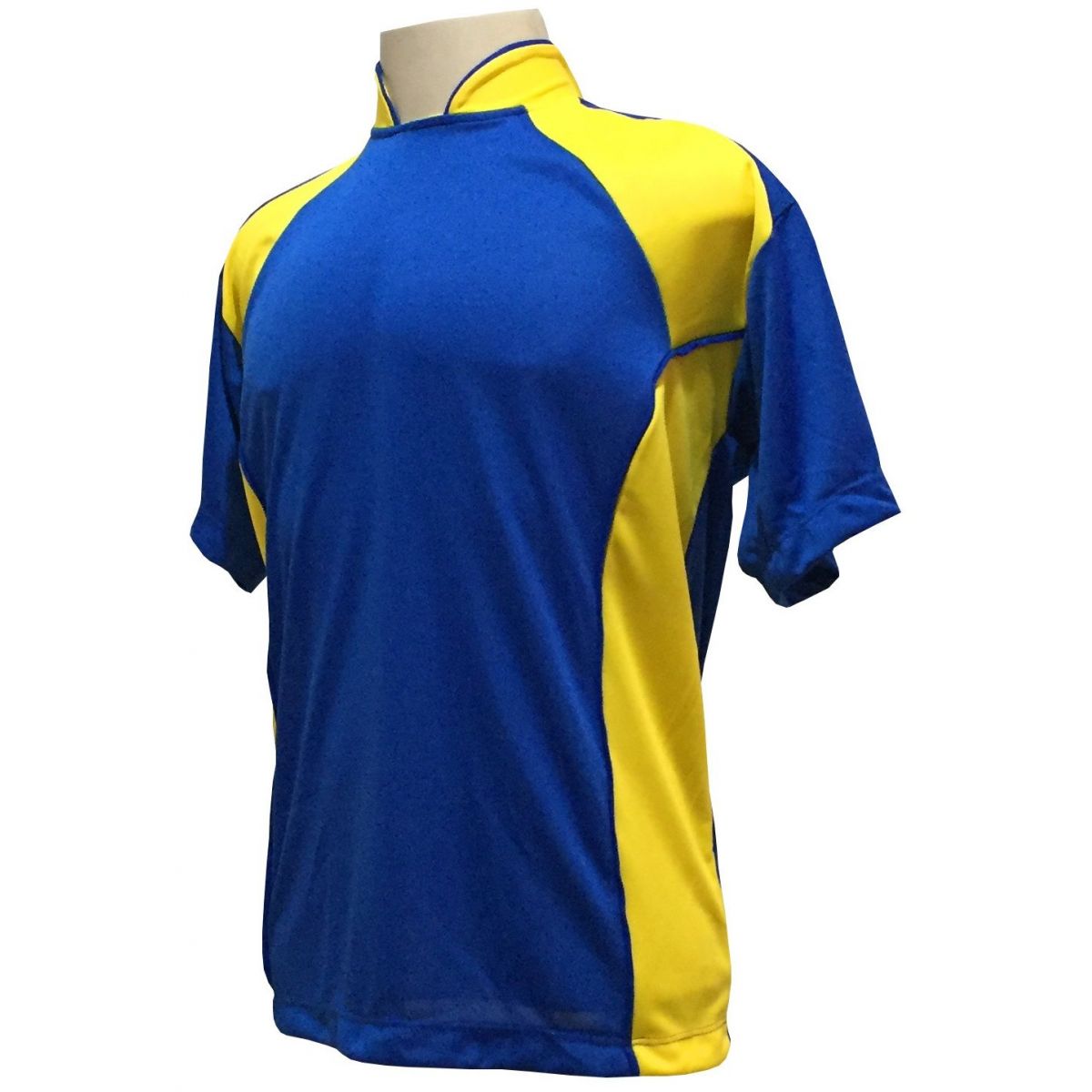 Uniforme Esportivo Completo modelo Suécia 14+1 (14 camisas Royal/Amarelo + 14 calções Madrid Amarelo + 14 pares de meiões Royal + 1 conjunto de goleiro) + Brindes
