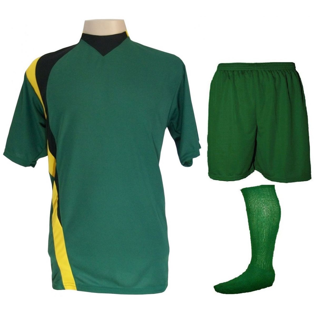Uniforme Esportivo Completo modelo PSG 14+1 (14 camisas Verde/Preto/Amarelo + 14 calções Madrid Verde + 14 pares de meiões Verde + 1 conjunto de goleiro) + Brindes